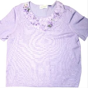 Alfred Dunner XL Lavender Knit Top Floral Appliqué Beaded Neckline